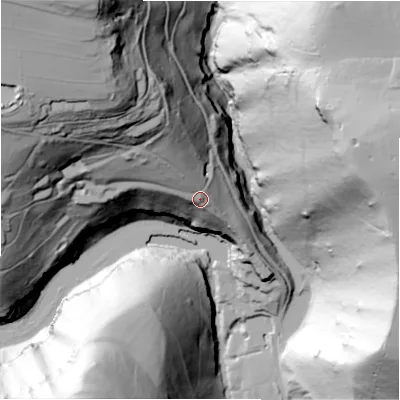 Shaded relief map of the ground around SK178SY, computed from Environment Agency LiDAR. The ground here sits at about 221 m above sea level and falls 150 m across the surrounding 800 m. Surface water reaching this point runs off ground lying to the north-west, 67.3 m higher.