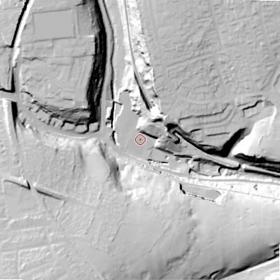 Shaded relief map of the ground around SK179TB, computed from Environment Agency LiDAR. The ground here sits at about 281 m above sea level and falls 48 m across the surrounding 800 m. Surface water reaching this point runs off ground lying to the north-north-east, 30.2 m higher.