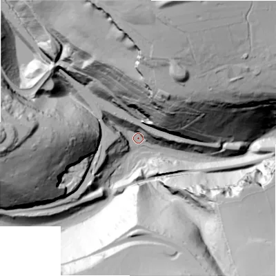 Shaded relief map of the ground around SK179TF, computed from Environment Agency LiDAR. The ground here sits at about 228 m above sea level and falls 114 m across the surrounding 800 m. Surface water reaching this point runs off ground lying to the north-west, 20.4 m higher.