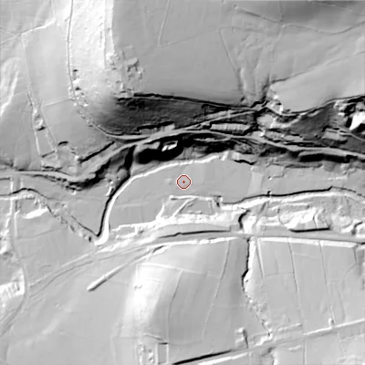 Shaded relief map of the ground around SK221AH, computed from Environment Agency LiDAR. The ground here sits at about 156 m above sea level and falls 83 m across the surrounding 800 m. Surface water reaching this point runs off ground lying to the east-south-east, 1.0 m higher.