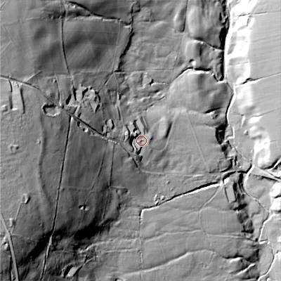 Shaded relief map of the ground around SK221AY, computed from Environment Agency LiDAR. The ground here sits at about 201 m above sea level and falls 114 m across the surrounding 800 m. Surface water reaching this point runs off ground lying to the west, 13.8 m higher.