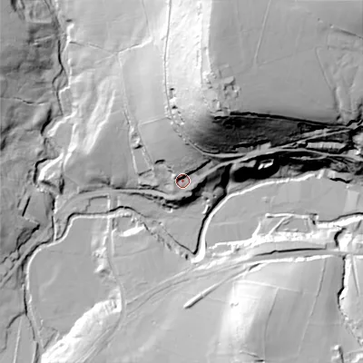 Shaded relief map of the ground around SK221AZ, computed from Environment Agency LiDAR. The ground here sits at about 166 m above sea level and falls 85 m across the surrounding 800 m. Surface water reaching this point runs off ground lying to the north-north-east, 60.3 m higher.