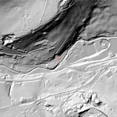 Shaded relief map of the ground around SK221BW, computed from Environment Agency LiDAR. The ground here sits at about 163 m above sea level and falls 109 m across the surrounding 800 m. Surface water reaching this point runs off ground lying to the north, 95.3 m higher.