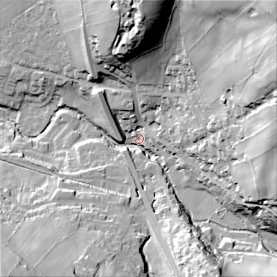 Shaded relief map of the ground around SK222EN, computed from Environment Agency LiDAR. The ground here sits at about 184 m above sea level and falls 98 m across the surrounding 800 m. Surface water reaching this point runs off ground lying to the east-north-east, 73.6 m higher.