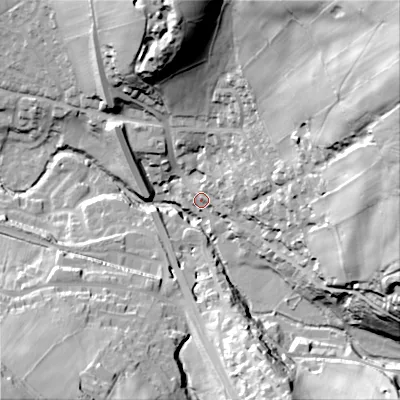 Shaded relief map of the ground around SK222EP, computed from Environment Agency LiDAR. The ground here sits at about 189 m above sea level and falls 106 m across the surrounding 800 m. Surface water reaching this point runs off ground lying to the east-north-east, 86.2 m higher.