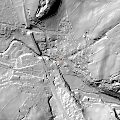 Shaded relief map of the ground around SK222EQ, computed from Environment Agency LiDAR. The ground here sits at about 188 m above sea level and falls 110 m across the surrounding 800 m. Surface water reaching this point runs off ground lying to the north-east, 91.7 m higher.