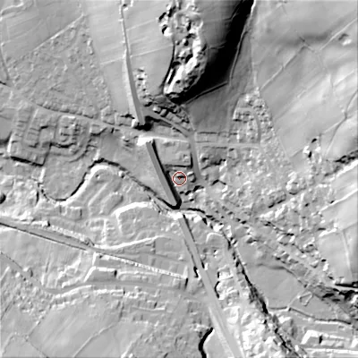Shaded relief map of the ground around SK222ET, computed from Environment Agency LiDAR. The ground here sits at about 188 m above sea level and falls 95 m across the surrounding 800 m. Surface water reaching this point runs off ground lying to the north-west, 10.3 m higher.