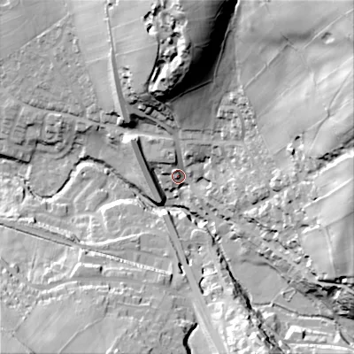 Shaded relief map of the ground around SK222EW, computed from Environment Agency LiDAR. The ground here sits at about 190 m above sea level and falls 100 m across the surrounding 800 m. Surface water reaching this point runs off ground lying to the north-east, 90.3 m higher.