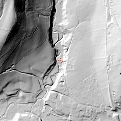 Shaded relief map of the ground around SK222EZ, computed from Environment Agency LiDAR. The ground here sits at about 179 m above sea level and falls 136 m across the surrounding 800 m. Surface water reaching this point runs off ground lying to the north-west, 128.3 m higher.