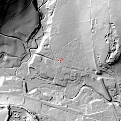 Shaded relief map of the ground around SK222HB, computed from Environment Agency LiDAR. The ground here sits at about 185 m above sea level and falls 90 m across the surrounding 800 m. Surface water reaching this point runs off ground lying to the north-east, 55.7 m higher.