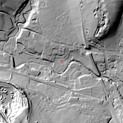 Shaded relief map of the ground around SK222HQ, computed from Environment Agency LiDAR. The ground here sits at about 177 m above sea level and falls 77 m across the surrounding 800 m. Surface water reaching this point runs off ground lying to the north-east, 70.8 m higher.