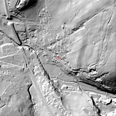 Shaded relief map of the ground around SK222HS, computed from Environment Agency LiDAR. The ground here sits at about 197 m above sea level and falls 123 m across the surrounding 800 m. Surface water reaching this point runs off ground lying to the north-east, 101.6 m higher.