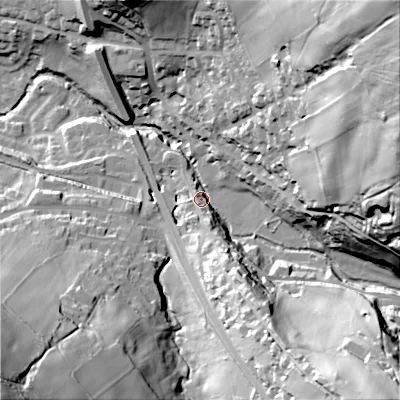 Shaded relief map of the ground around SK222JE, computed from Environment Agency LiDAR. The ground here sits at about 192 m above sea level and falls 103 m across the surrounding 800 m. Surface water reaching this point runs off ground lying to the east-north-east, 65.4 m higher.
