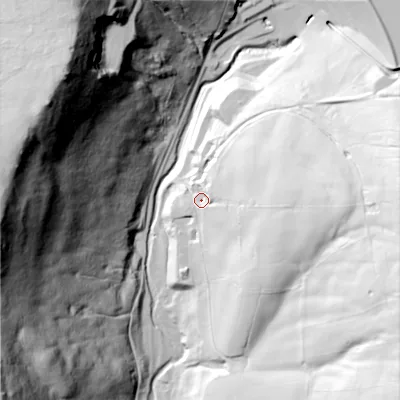 Shaded relief map of the ground around SK222LJ, computed from Environment Agency LiDAR. The ground here sits at about 245 m above sea level and falls 148 m across the surrounding 800 m. Surface water reaching this point runs off ground lying to the east, 59.3 m higher.