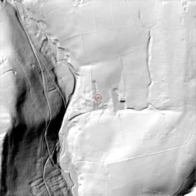 Shaded relief map of the ground around SK222LL, computed from Environment Agency LiDAR. The ground here sits at about 257 m above sea level and falls 139 m across the surrounding 800 m. Surface water reaching this point runs off ground lying to the east-north-east, 95.3 m higher.