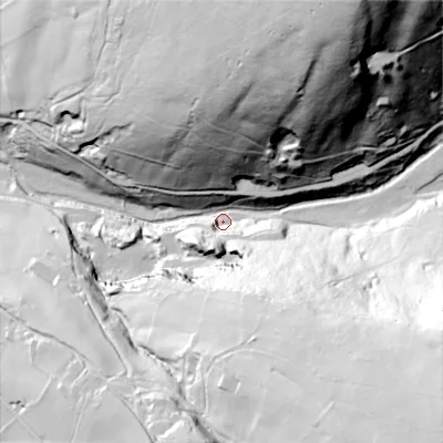 Shaded relief map of the ground around SK222LN, computed from Environment Agency LiDAR. The ground here sits at about 200 m above sea level and falls 144 m across the surrounding 800 m. Surface water reaching this point runs off ground lying to the north-north-east, 136.3 m higher.