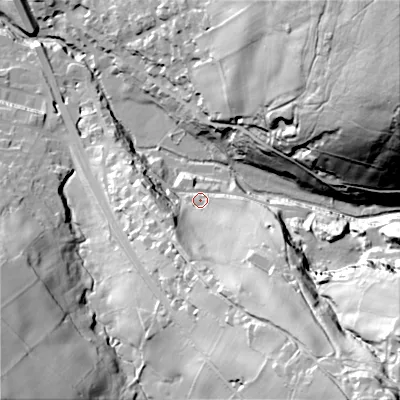 Shaded relief map of the ground around SK222LP, computed from Environment Agency LiDAR. The ground here sits at about 203 m above sea level and falls 116 m across the surrounding 800 m. Surface water reaching this point runs off ground lying to the south, 34.1 m higher.