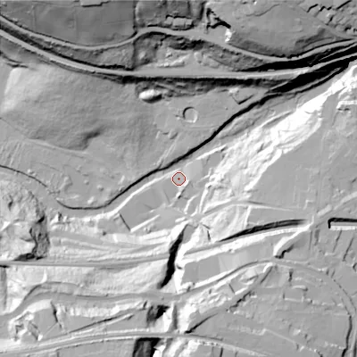 Shaded relief map of the ground around SK223AA, computed from Environment Agency LiDAR. The ground here sits at about 119 m above sea level and falls 68 m across the surrounding 800 m. Surface water reaching this point runs off ground lying to the north-east, 63.7 m higher.