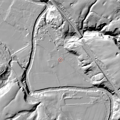 Shaded relief map of the ground around SK223AH, computed from Environment Agency LiDAR. The ground here sits at about 104 m above sea level and falls 72 m across the surrounding 800 m. Surface water reaching this point runs off ground lying to the north-east, 67.1 m higher.