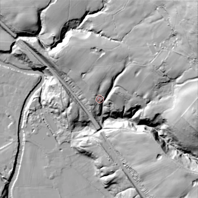Shaded relief map of the ground around SK223AL, computed from Environment Agency LiDAR. The ground here sits at about 134 m above sea level and falls 141 m across the surrounding 800 m. Surface water reaching this point runs off ground lying to the north-east, 102.3 m higher.
