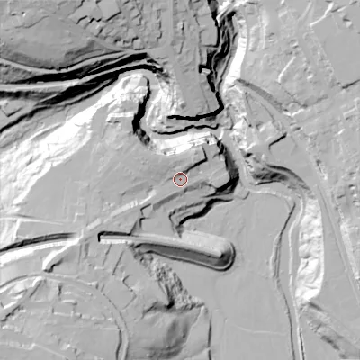 Shaded relief map of the ground around SK223EX, computed from Environment Agency LiDAR. The ground here sits at about 148 m above sea level and falls 66 m across the surrounding 800 m. Surface water reaching this point runs off ground lying to the west-south-west, 9.1 m higher.