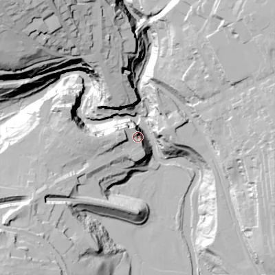 Shaded relief map of the ground around SK223FG, computed from Environment Agency LiDAR. The ground here sits at about 148 m above sea level and falls 71 m across the surrounding 800 m. Surface water reaching this point runs off ground lying to the west, 6.1 m higher.