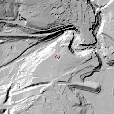 Shaded relief map of the ground around SK223HS, computed from Environment Agency LiDAR. The ground here sits at about 148 m above sea level and falls 81 m across the surrounding 800 m. Surface water reaching this point runs off ground lying to the south, 5.9 m higher.