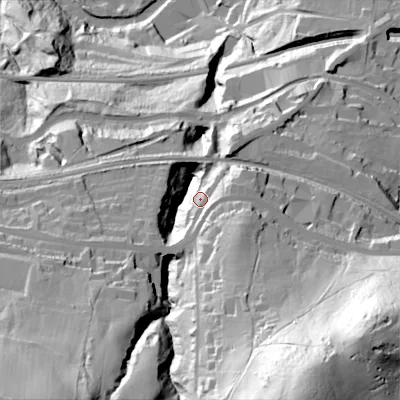 Shaded relief map of the ground around SK223JR, computed from Environment Agency LiDAR. The ground here sits at about 176 m above sea level and falls 135 m across the surrounding 800 m. Surface water reaching this point runs off ground lying to the south-south-east, 97.3 m higher.