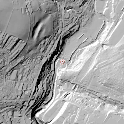 Shaded relief map of the ground around SK224AJ, computed from Environment Agency LiDAR. The ground here sits at about 143 m above sea level and falls 108 m across the surrounding 800 m. Surface water reaching this point runs off ground lying to the north-west, 85.1 m higher.