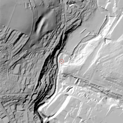 Shaded relief map of the ground around SK224BN, computed from Environment Agency LiDAR. The ground here sits at about 142 m above sea level and falls 110 m across the surrounding 800 m. Surface water reaching this point runs off ground lying to the west-north-west, 94.5 m higher.