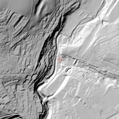 Shaded relief map of the ground around SK224BW, computed from Environment Agency LiDAR. The ground here sits at about 143 m above sea level and falls 110 m across the surrounding 800 m. Surface water reaching this point runs off ground lying to the west, 70.5 m higher.