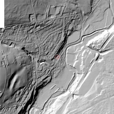 Shaded relief map of the ground around SK224DN, computed from Environment Agency LiDAR. The ground here sits at about 152 m above sea level and falls 104 m across the surrounding 800 m. Surface water reaching this point runs off ground lying to the west-north-west, 27.9 m higher.