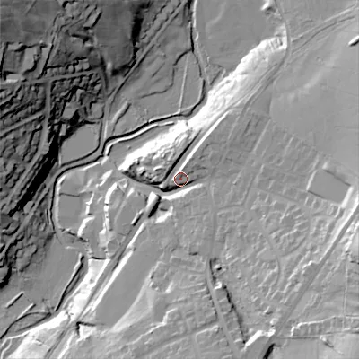 Shaded relief map of the ground around SK224HJ, computed from Environment Agency LiDAR. The ground here sits at about 159 m above sea level and falls 52 m across the surrounding 800 m. Surface water reaching this point runs off ground lying to the east, 21.8 m higher.