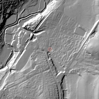 Shaded relief map of the ground around SK224HQ, computed from Environment Agency LiDAR. The ground here sits at about 161 m above sea level and falls 59 m across the surrounding 800 m. Surface water reaching this point runs off ground lying to the south, 20.3 m higher.