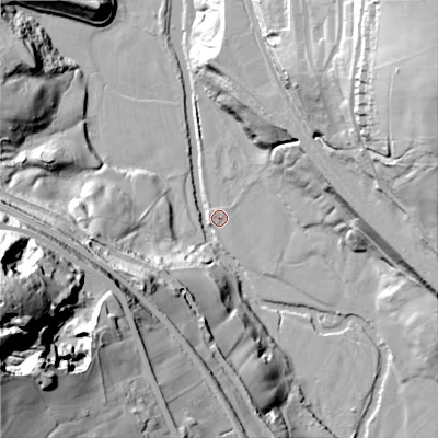 Shaded relief map of the ground around SK224PS, computed from Environment Agency LiDAR. The ground here sits at about 136 m above sea level and falls 88 m across the surrounding 800 m. Surface water reaching this point runs off ground lying to the east-south-east, 22.4 m higher.