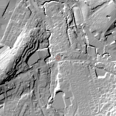 Shaded relief map of the ground around SK230HZ, computed from Environment Agency LiDAR. The ground here sits at about 219 m above sea level and falls 39 m across the surrounding 800 m. Surface water reaching this point runs off ground lying to the south-east, 7.2 m higher.