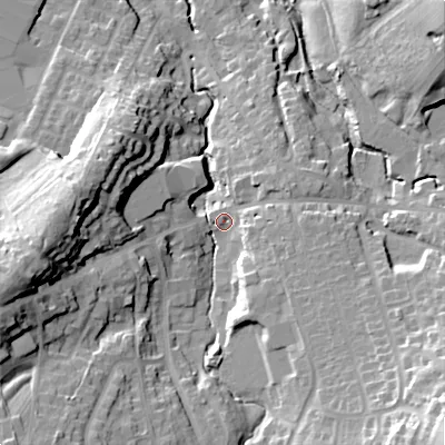 Shaded relief map of the ground around SK230JD, computed from Environment Agency LiDAR. The ground here sits at about 216 m above sea level and falls 33 m across the surrounding 800 m. Surface water reaching this point runs off ground lying to the south-east, 26.7 m higher.
