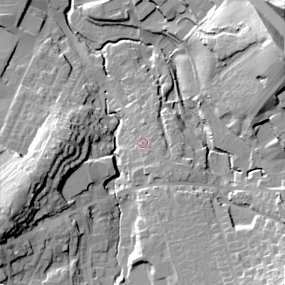 Shaded relief map of the ground around SK230JF, computed from Environment Agency LiDAR. The ground here sits at about 218 m above sea level and falls 41 m across the surrounding 800 m. Surface water reaching this point runs off ground lying to the south-east, 3.6 m higher.