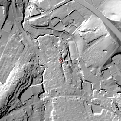 Shaded relief map of the ground around SK230JQ, computed from Environment Agency LiDAR. The ground here sits at about 215 m above sea level and falls 49 m across the surrounding 800 m. Surface water reaching this point runs off ground lying to the south, 7.3 m higher.