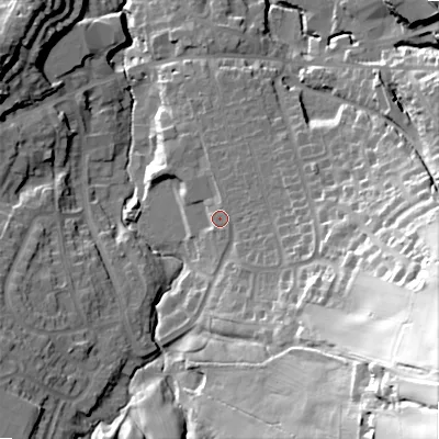 Shaded relief map of the ground around SK230NL, computed from Environment Agency LiDAR. The ground here sits at about 224 m above sea level and falls 71 m across the surrounding 800 m. Surface water reaching this point runs off ground lying to the east-south-east, 2.4 m higher.