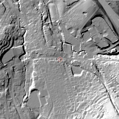 Shaded relief map of the ground around SK230NT, computed from Environment Agency LiDAR. The ground here sits at about 220 m above sea level and falls 59 m across the surrounding 800 m. Surface water reaching this point runs off ground lying to the south-west, 3.9 m higher.