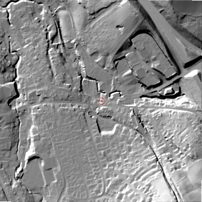 Shaded relief map of the ground around SK230PE, computed from Environment Agency LiDAR. The ground here sits at about 218 m above sea level and falls 56 m across the surrounding 800 m. Surface water reaching this point runs off ground lying to the south-east, 47.5 m higher.