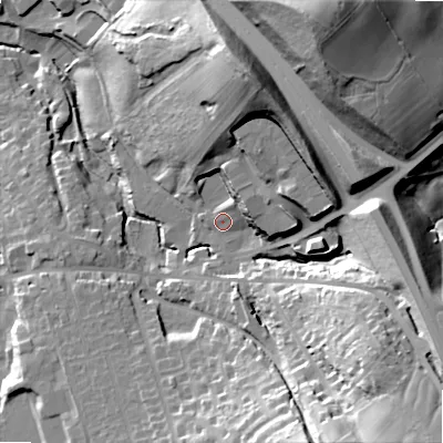 Shaded relief map of the ground around SK230PH, computed from Environment Agency LiDAR. The ground here sits at about 220 m above sea level and falls 63 m across the surrounding 800 m. Surface water reaching this point runs off ground lying to the north-east, 3.1 m higher.
