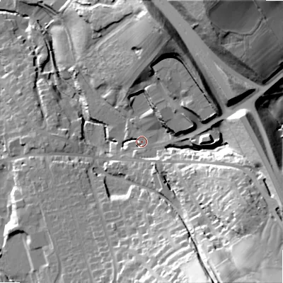 Shaded relief map of the ground around SK230PQ, computed from Environment Agency LiDAR. The ground here sits at about 219 m above sea level and falls 57 m across the surrounding 800 m. Surface water reaching this point runs off ground lying to the east-south-east, 29.5 m higher.