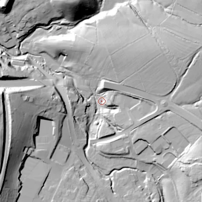Shaded relief map of the ground around SK230QF, computed from Environment Agency LiDAR. The ground here sits at about 203 m above sea level and falls 43 m across the surrounding 800 m. Surface water reaching this point runs off ground lying to the west, 35.1 m higher.
