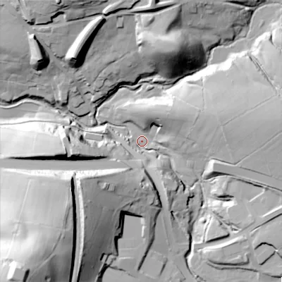 Shaded relief map of the ground around SK230QG, computed from Environment Agency LiDAR. The ground here sits at about 201 m above sea level and falls 67 m across the surrounding 800 m. Surface water reaching this point runs off ground lying to the south-west, 37.2 m higher.