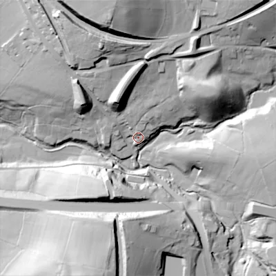 Shaded relief map of the ground around SK230QQ, computed from Environment Agency LiDAR. The ground here sits at about 206 m above sea level and falls 55 m across the surrounding 800 m. Surface water reaching this point runs off ground lying to the north, 24.9 m higher.
