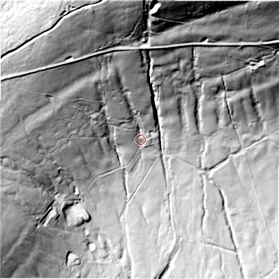 Shaded relief map of the ground around SK230QT, computed from Environment Agency LiDAR. The ground here sits at about 376 m above sea level and falls 122 m across the surrounding 800 m. Surface water reaching this point runs off ground lying to the north, 90.2 m higher.