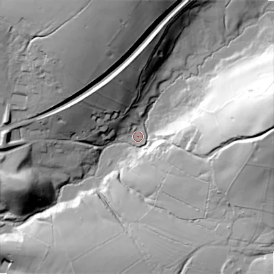 Shaded relief map of the ground around SK230QW, computed from Environment Agency LiDAR. The ground here sits at about 210 m above sea level and falls 74 m across the surrounding 800 m. Surface water reaching this point runs off ground lying to the north-west, 28.6 m higher.
