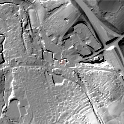 Shaded relief map of the ground around SK230RD, computed from Environment Agency LiDAR. The ground here sits at about 219 m above sea level and falls 55 m across the surrounding 800 m. Surface water reaching this point runs off ground lying to the east, 27.9 m higher.